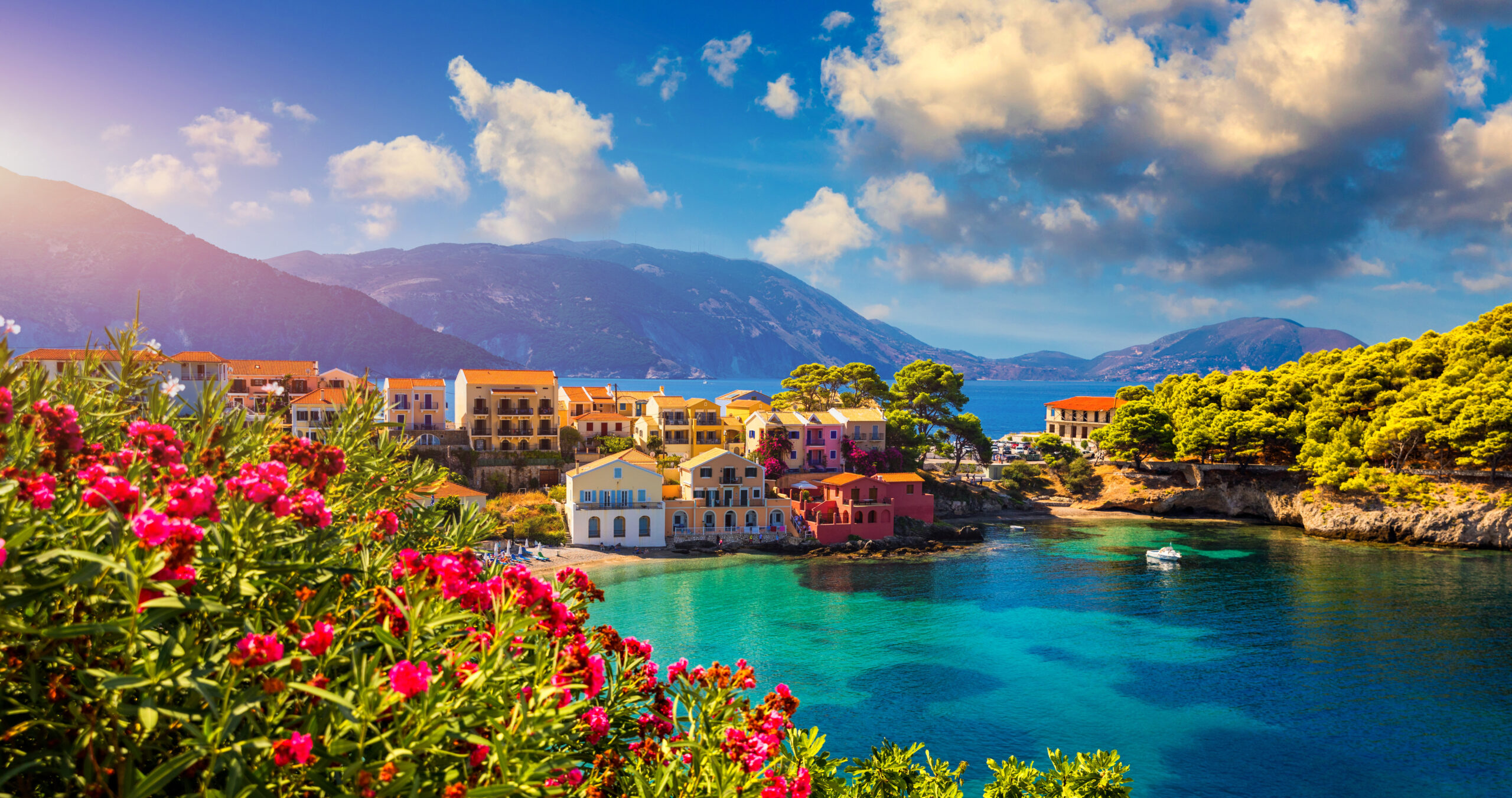 Assos,Village,In,Kefalonia,,Greece.,Turquoise,Colored,Bay,In,Mediterranean