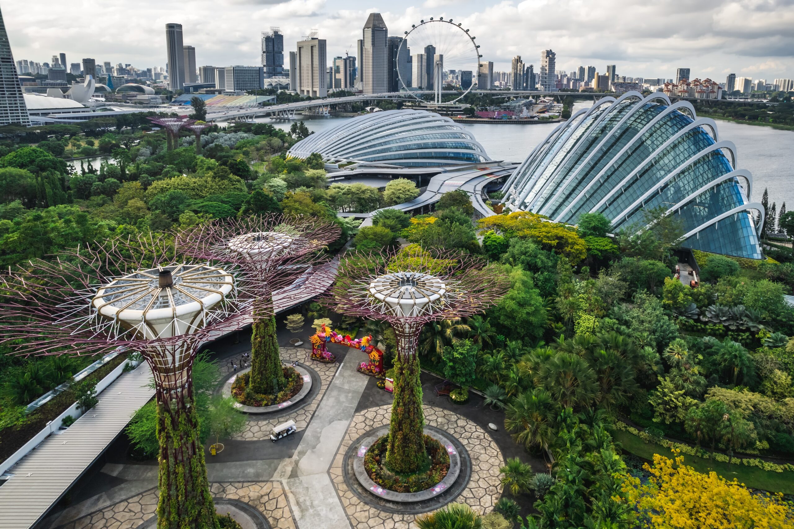 Aerial,View,To,Cloud,Forest,And,Flower,Dome,Illuminated,At