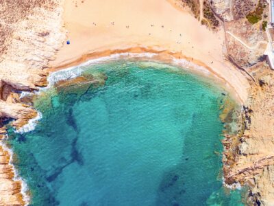 Aerial,Drone,View,Of,Fokos,Beach,On,Mykonos,Island,,Greece.