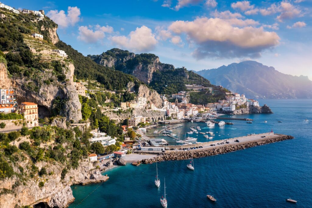 Amalfi cityscape on coast line of mediterranean sea, Amalfi coast, Italy