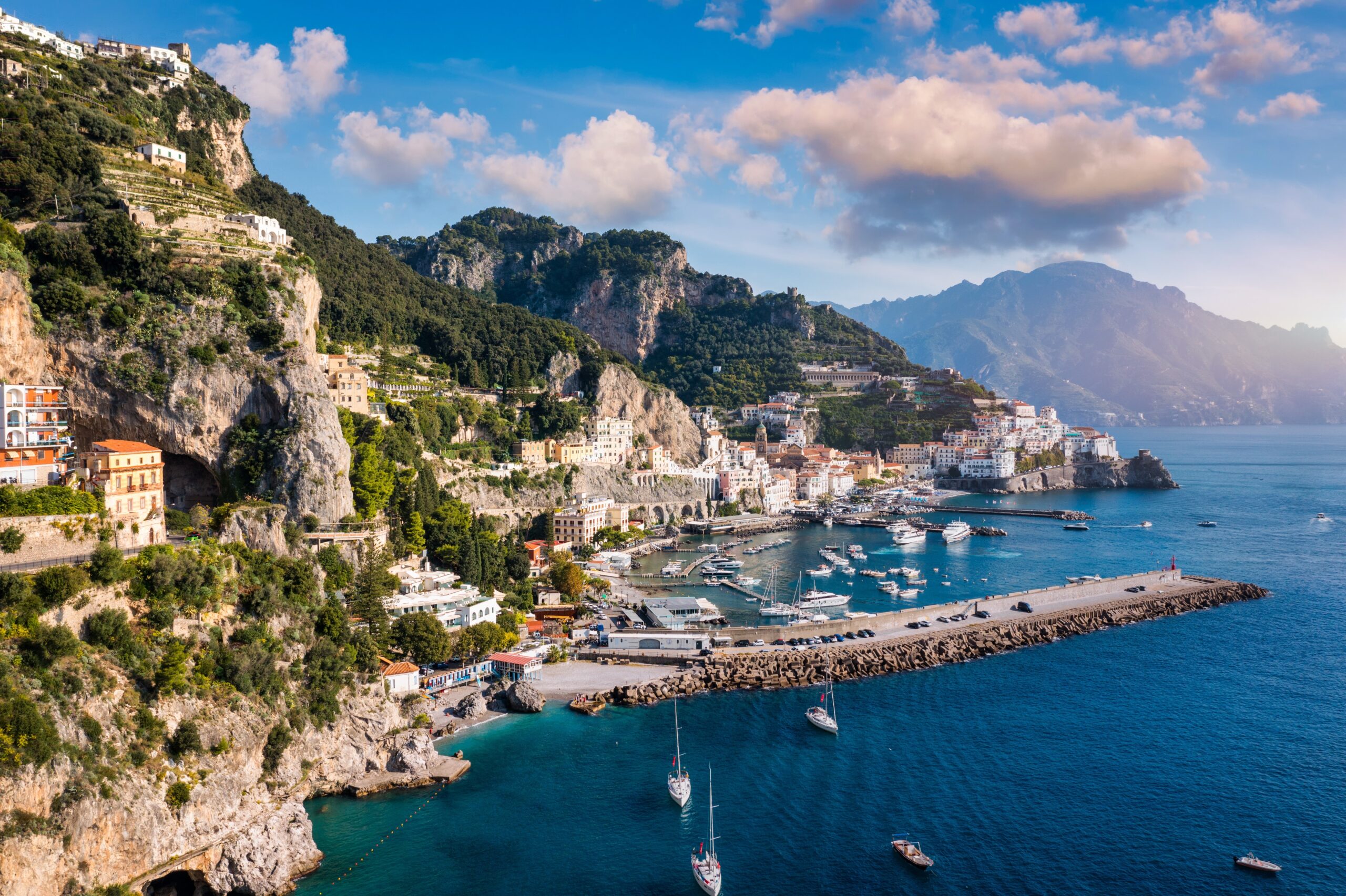 Amalfi cityscape on coast line of mediterranean sea, Amalfi coast, Italy
